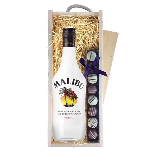 Malibu Original Coconut Rum 70cl & Heart Truffles, Wooden Box